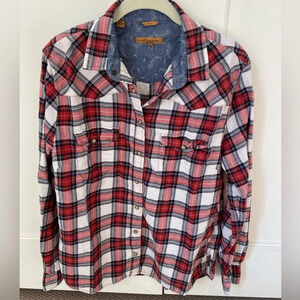 Jachs Girlfriend Flannel Pearl Snap Blouse Size Large Red, White, Black Plaid